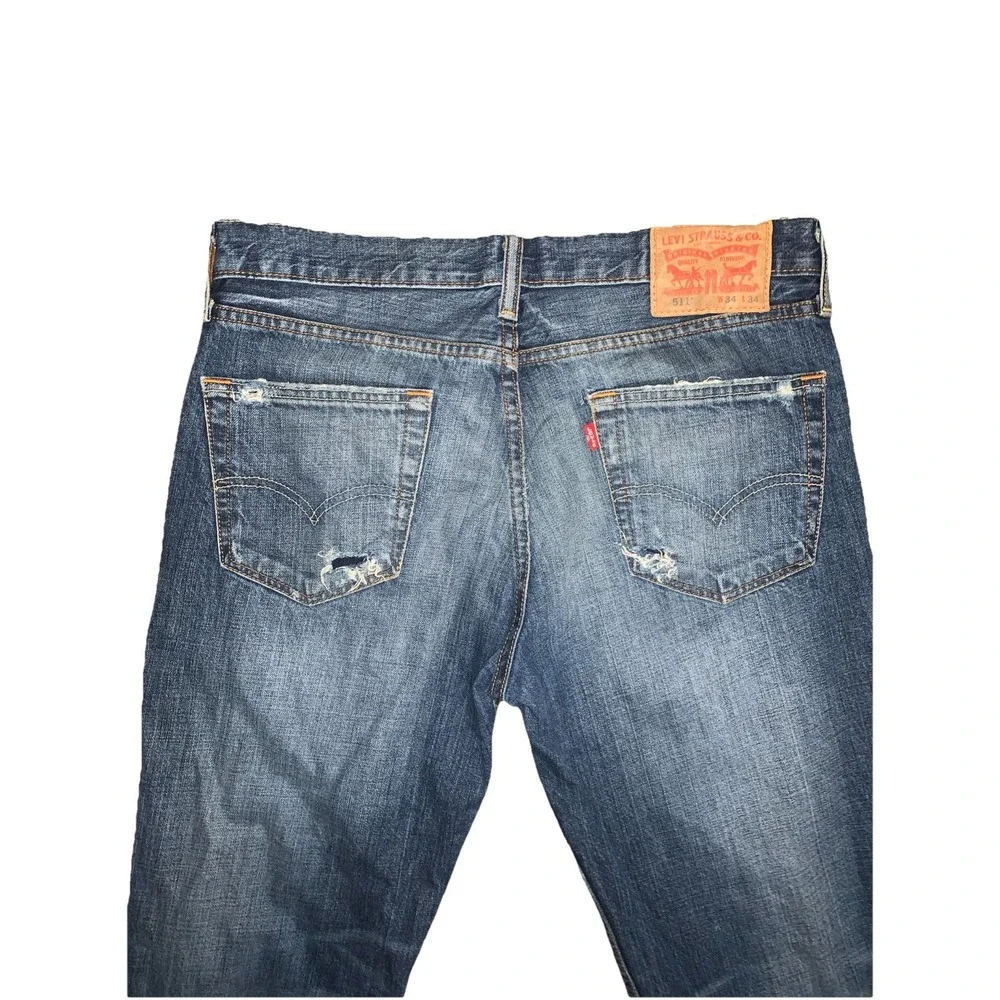 Levi's 511 Jeans Mens 34x34 Slim Fit Distressed Ripped Whiskered Grunge Zip Fly